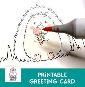 Hedgehog with Ice Cream - Printable Greeting Card to Color