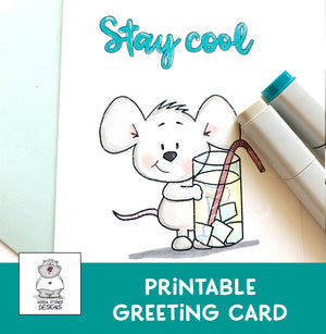 Stay Cool - Mouse with Drink - Printable Greeting Card to Color